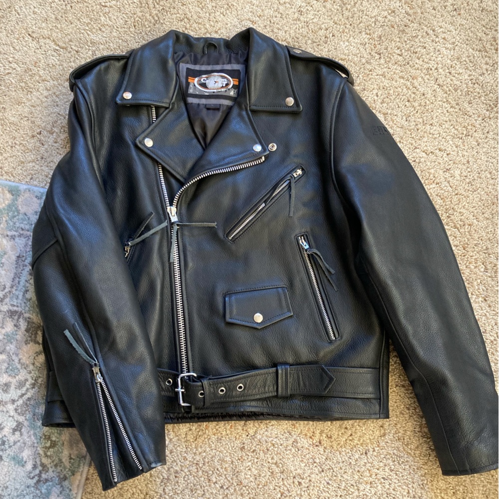 Custom Bilt Black Leather Classic Motorcycle Jacket - Size Large